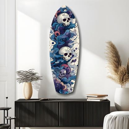 Blue Wave Swirl Skulls Surfboard Glass Wall Art