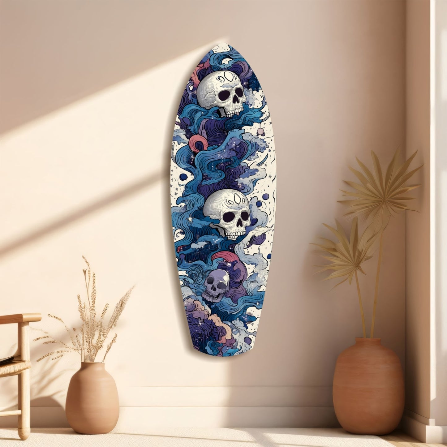 Blue Wave Swirl Skulls Surfboard Glass Wall Art