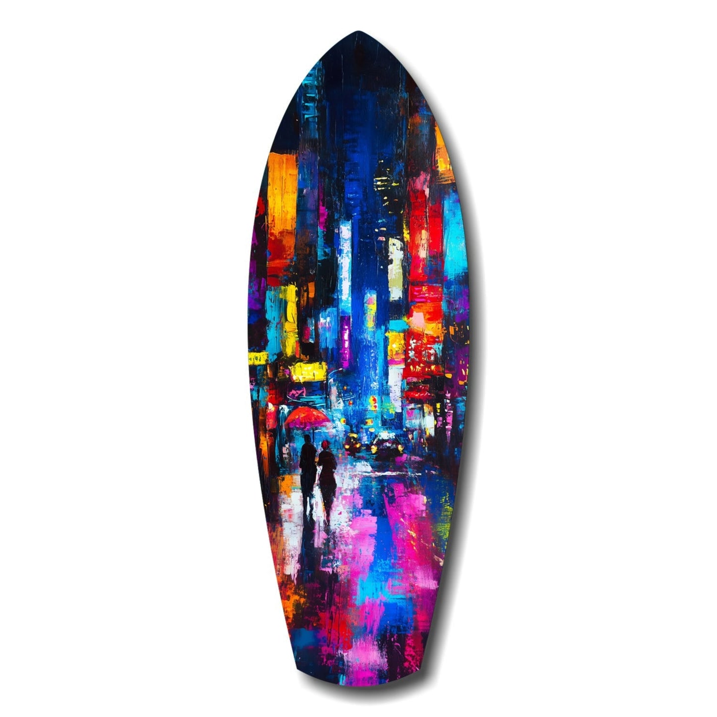 Surfboard-shaped glass art with vibrant neon cityscape painting featuring silhouetted couple with umbrella in rain.