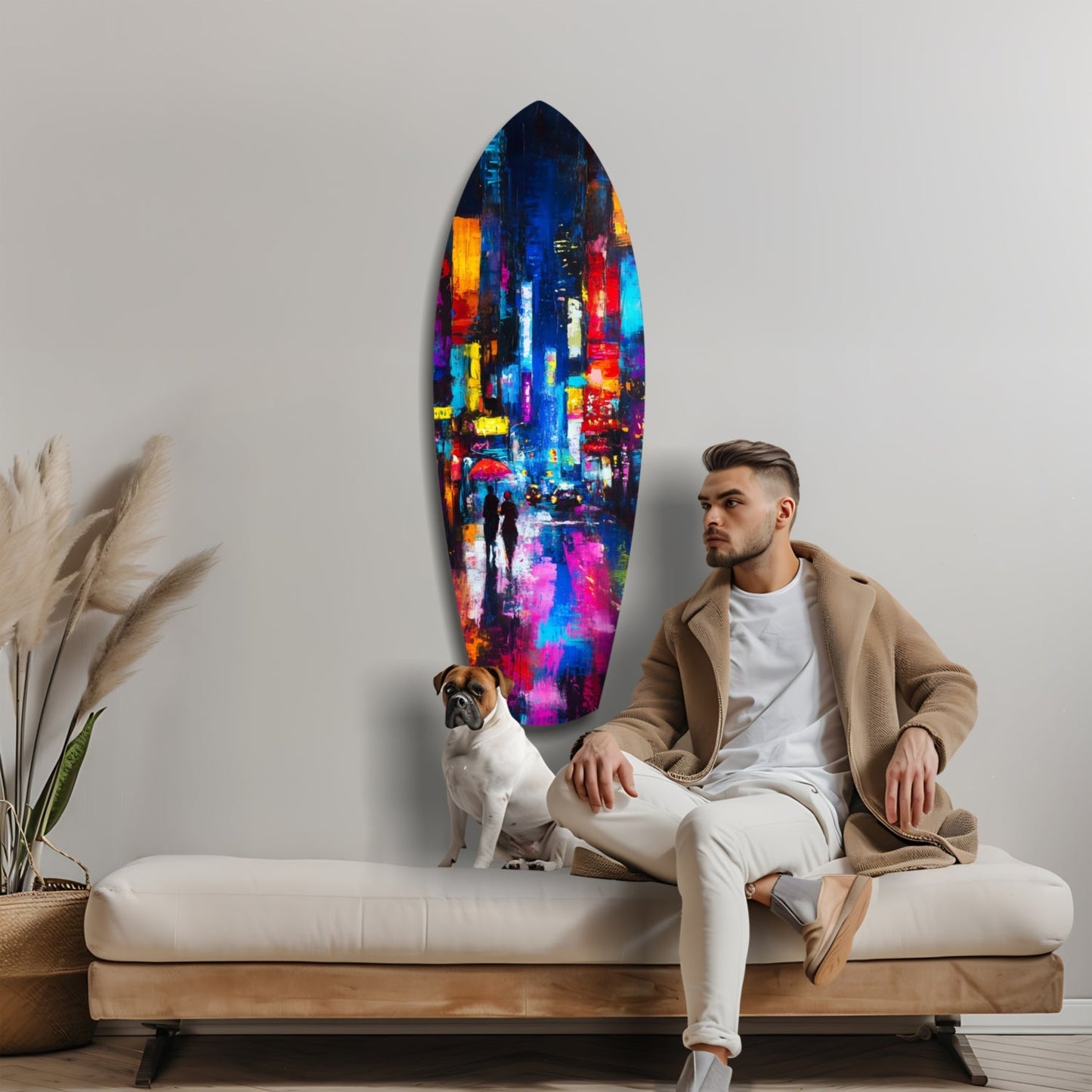Man in beige cardigan sits on cream sofa beside small dog, with vibrant multicolored neon cityscape glass art hanging on wall behind.