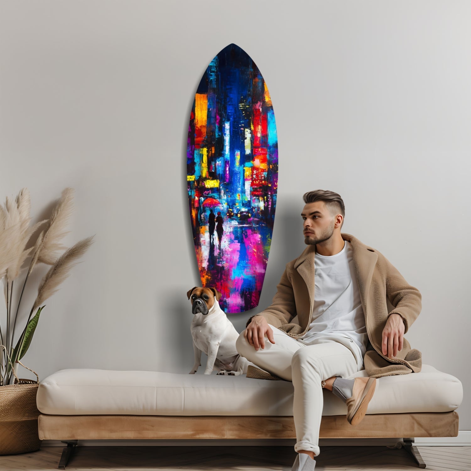 Man in beige cardigan sits on cream sofa beside small dog, with vibrant multicolored neon cityscape glass art hanging on wall behind.