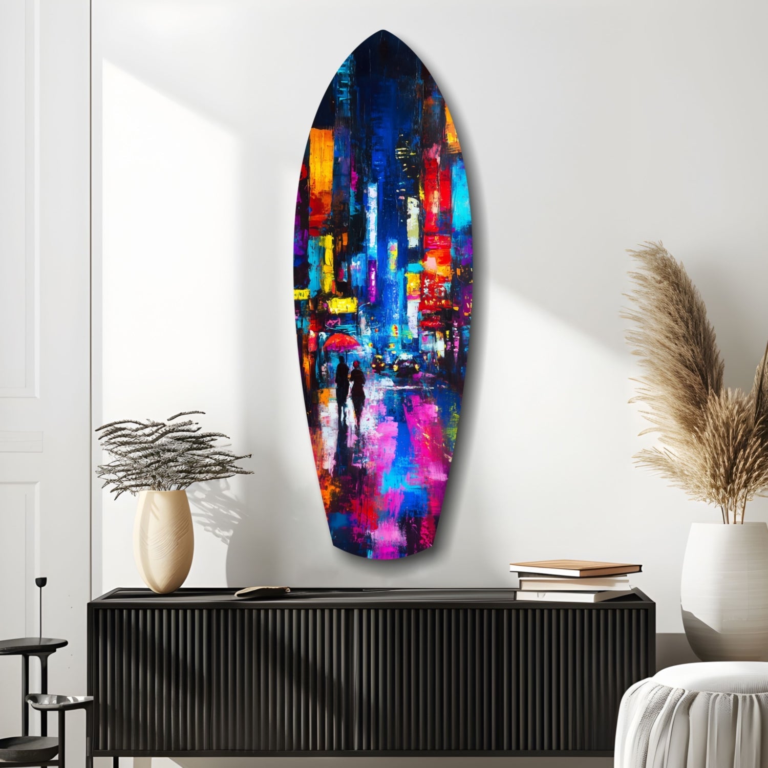 Vibrant oval glass wall art depicting a colorful rainy city street scene displayed above a black ribbed console table in a minimalist interior.