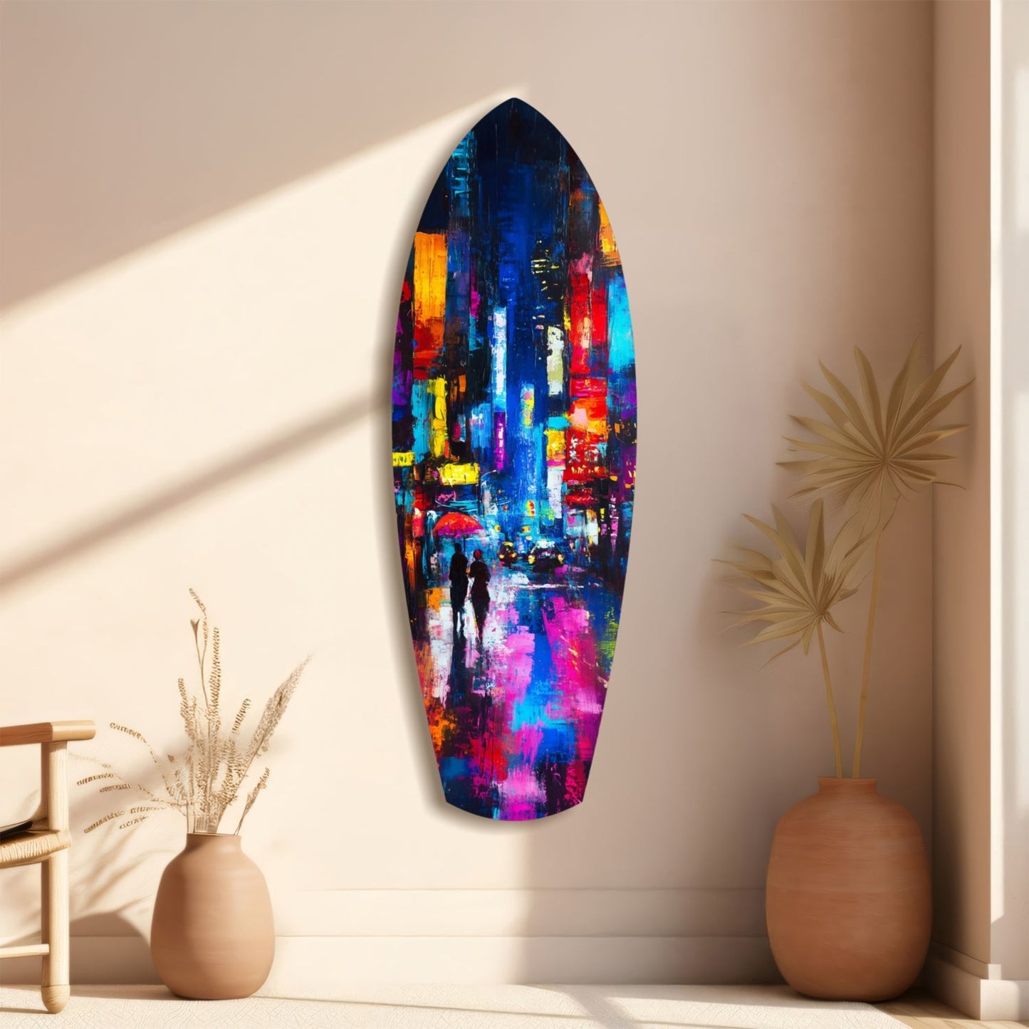 Oval-shaped glass wall art with vibrant cityscape scene featuring colorful neon lights, rain, and figures, mounted on beige wall beside decorative vases.