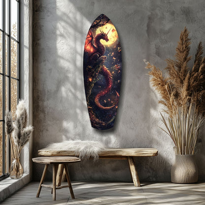 Glowing dragon glass wall art in warm reds and golds hanging above a wooden bench in a minimalist room with dried grasses.