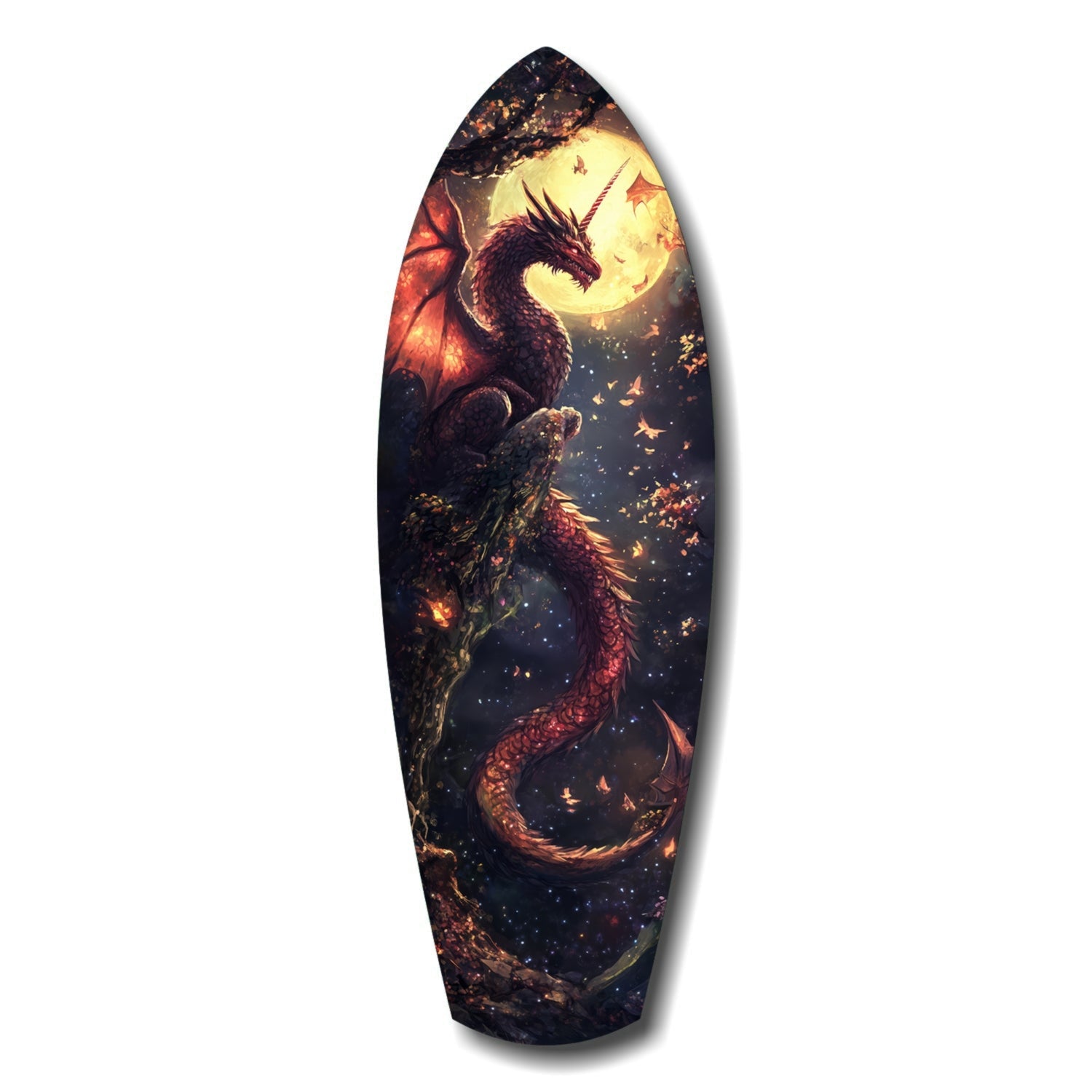 Elongated teardrop-shaped glass art depicting a red dragon silhouetted against a glowing moon with sparkling particles and dark starry background.