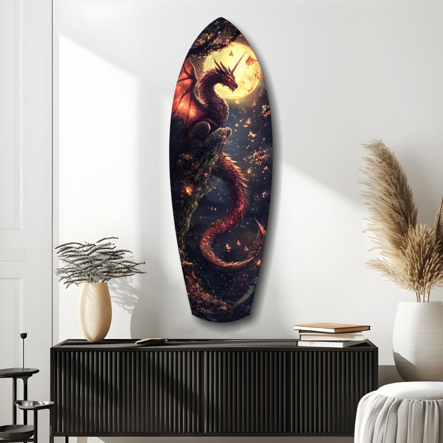 Oval glass wall art depicting a red and gold dragon against a dark sky with moon, displayed above a black ridged cabinet in a minimalist room setting.