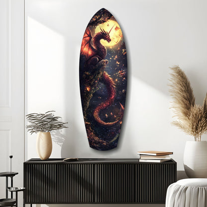 Oval glass wall art depicting a red and gold dragon against a dark sky with moon, displayed above a black ridged cabinet in a minimalist room setting.