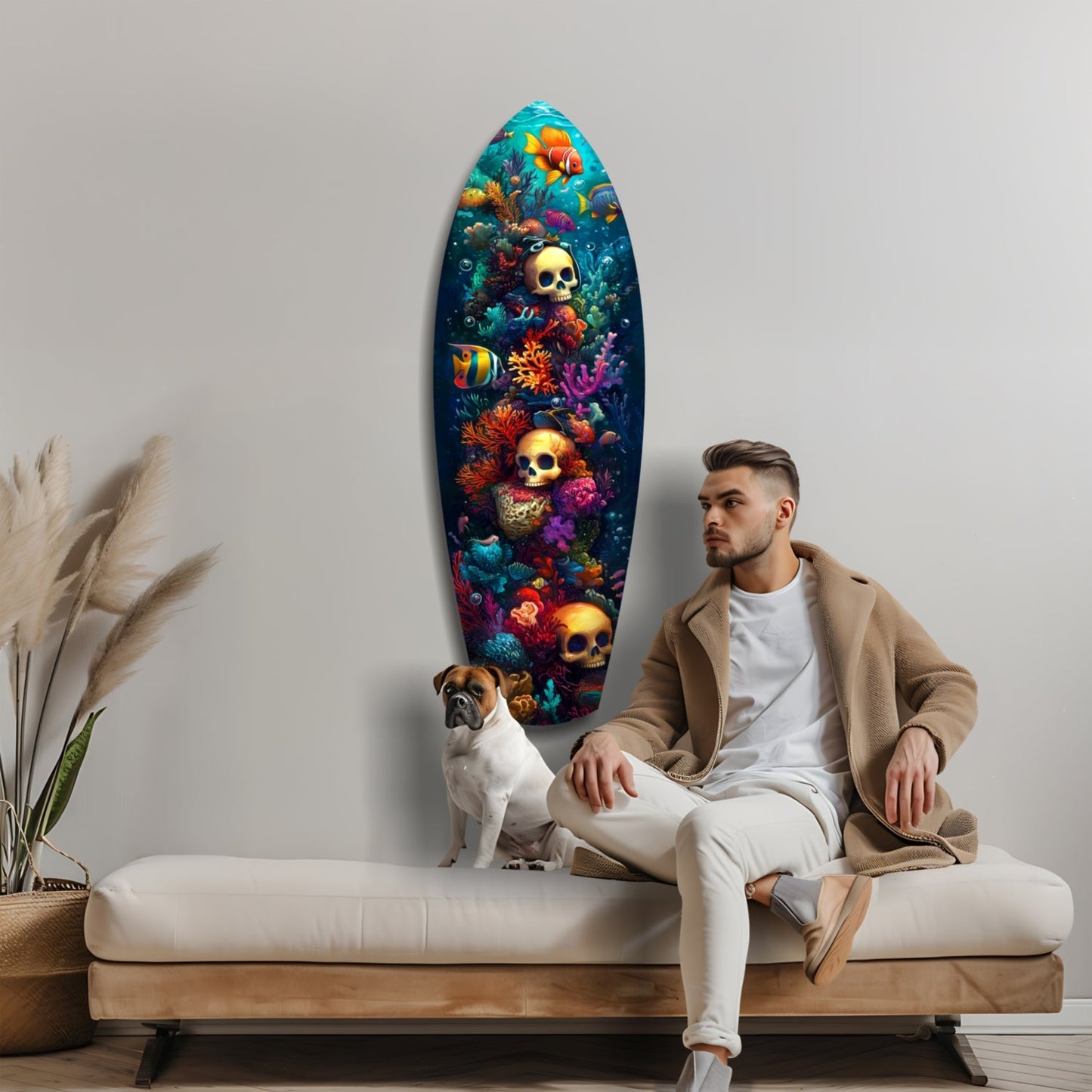 Man and dog sitting on bench below elongated oval glass wall art featuring colorful coral, tropical fish, and golden skulls on dark blue background.
