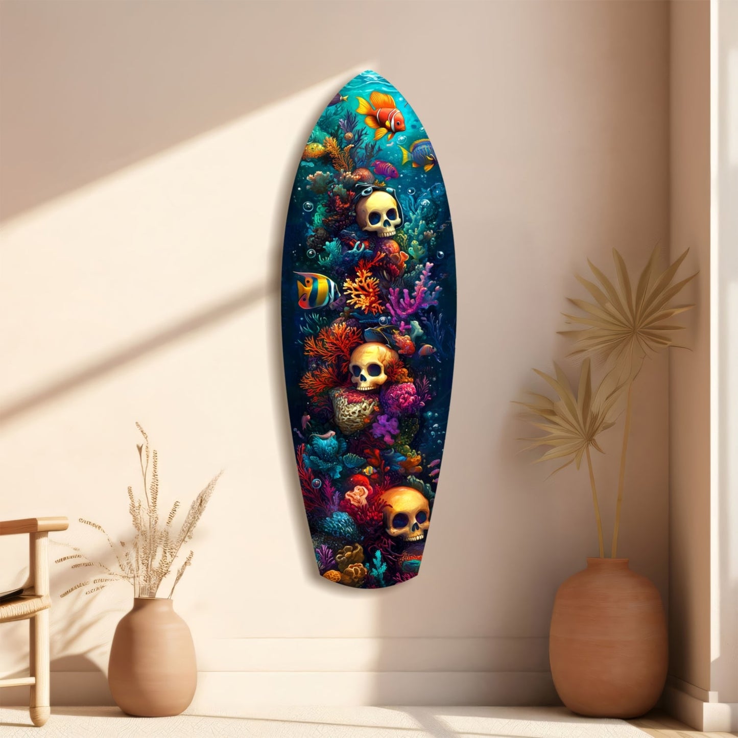 Surfboard-shaped glass wall art featuring three golden skulls surrounded by colorful coral and tropical fish on dark blue background, displayed in minimalist room.