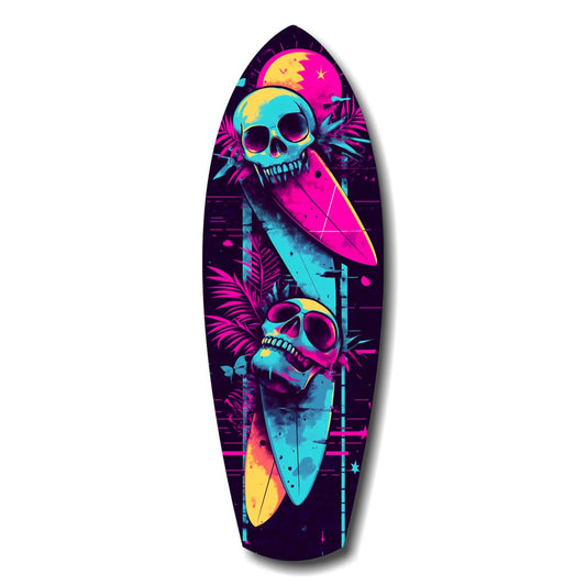 Neon surfboard design featuring two colorful skulls with cyan and magenta tones, moon, and tropical foliage on dark background.