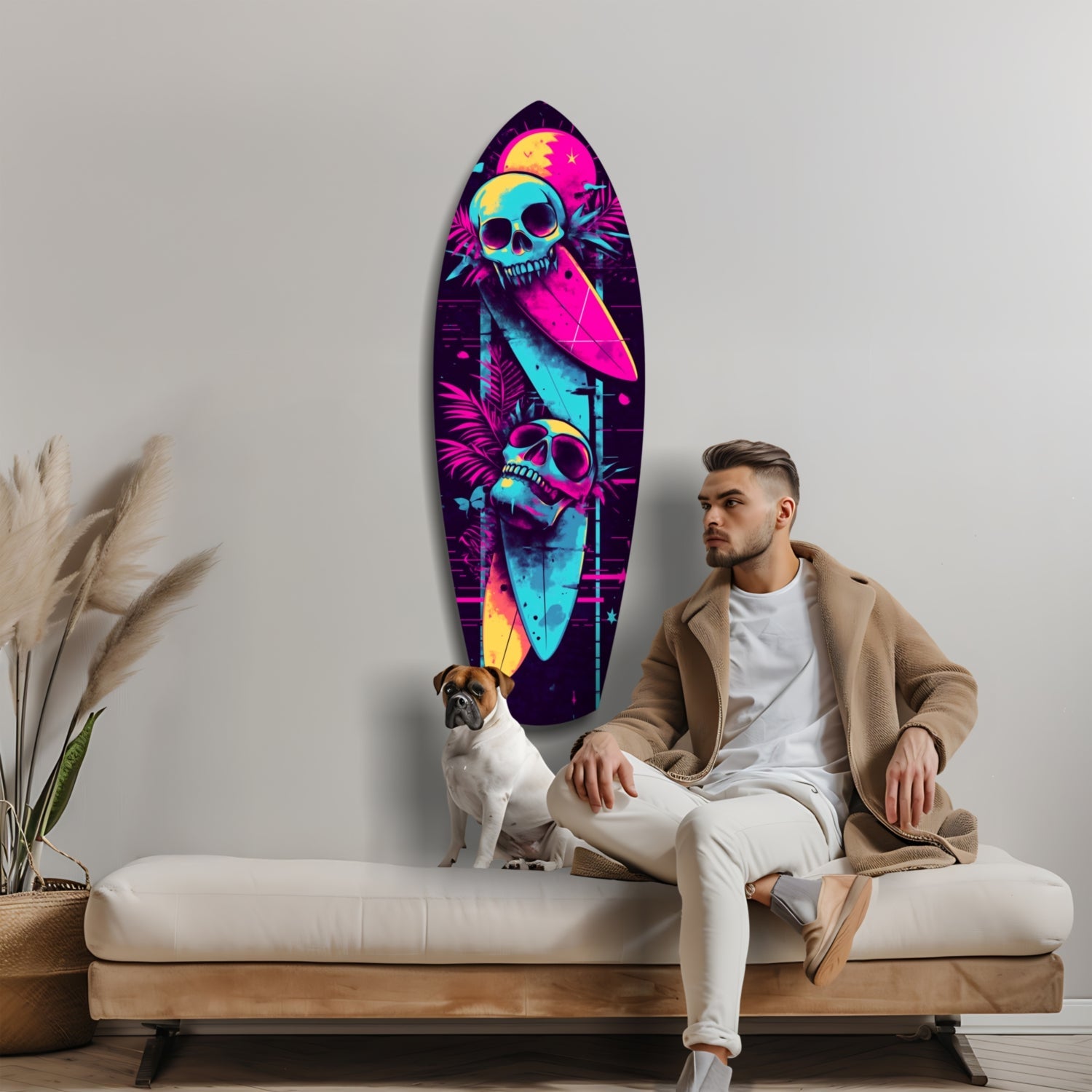Man and dog sitting on cream sofa beneath neon-colored glass surfboard wall art with skull and tropical leaf design.