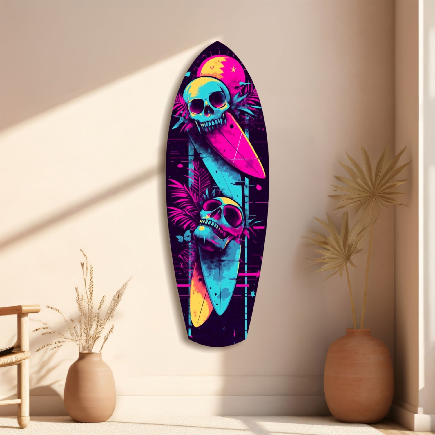 Neon surfboard glass wall art with vibrant magenta, cyan, and yellow skulls and tropical elements displayed on a beige wall between decorative vases.