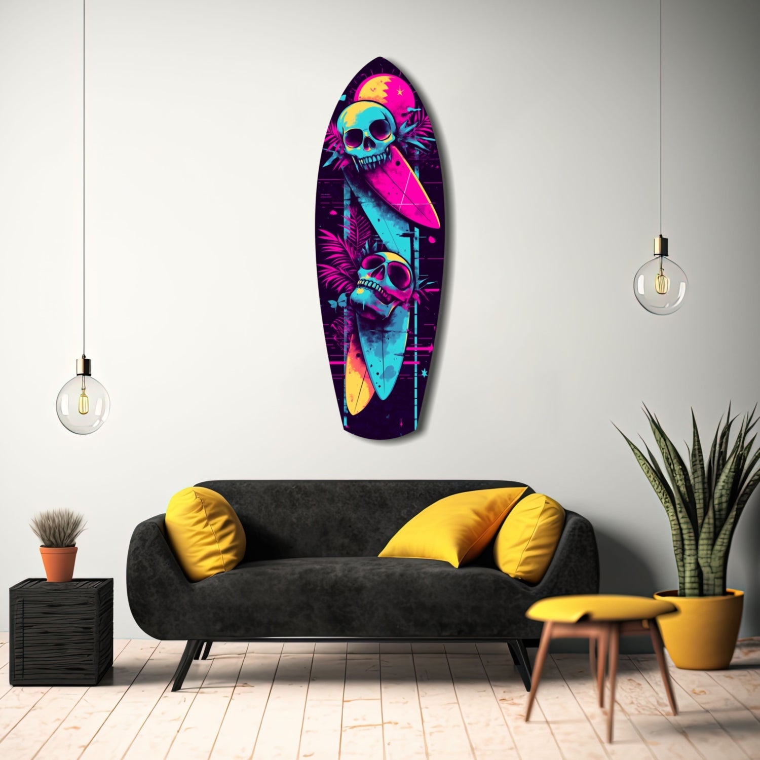 Neon surfboard-shaped glass wall art with vibrant magenta, cyan, and yellow skull and tropical leaf designs displayed above a black sofa with yellow pillows.