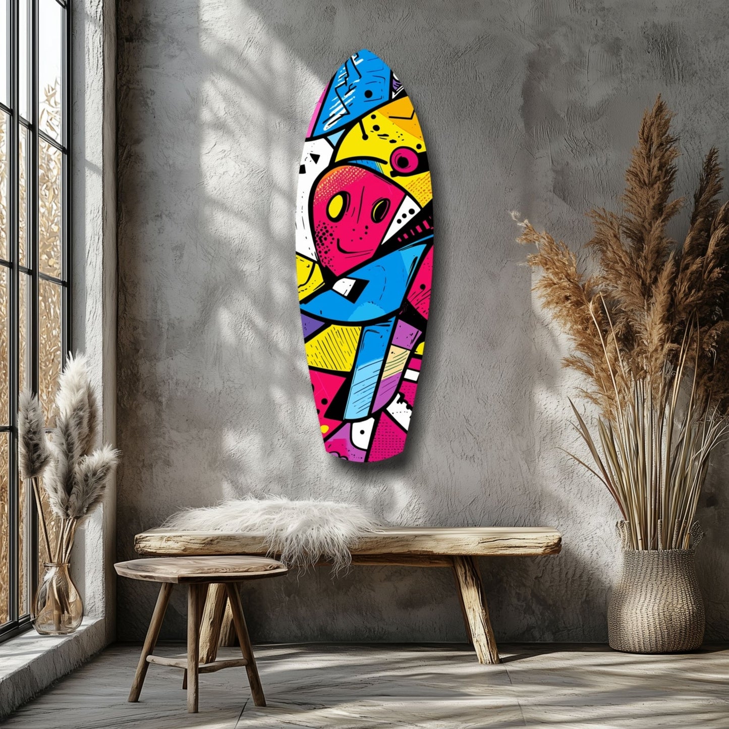 Vibrant pop-art glass wall art featuring geometric shapes and a stylized face in bright pink, blue, yellow, and black displayed above a wooden bench in a minimalist room.