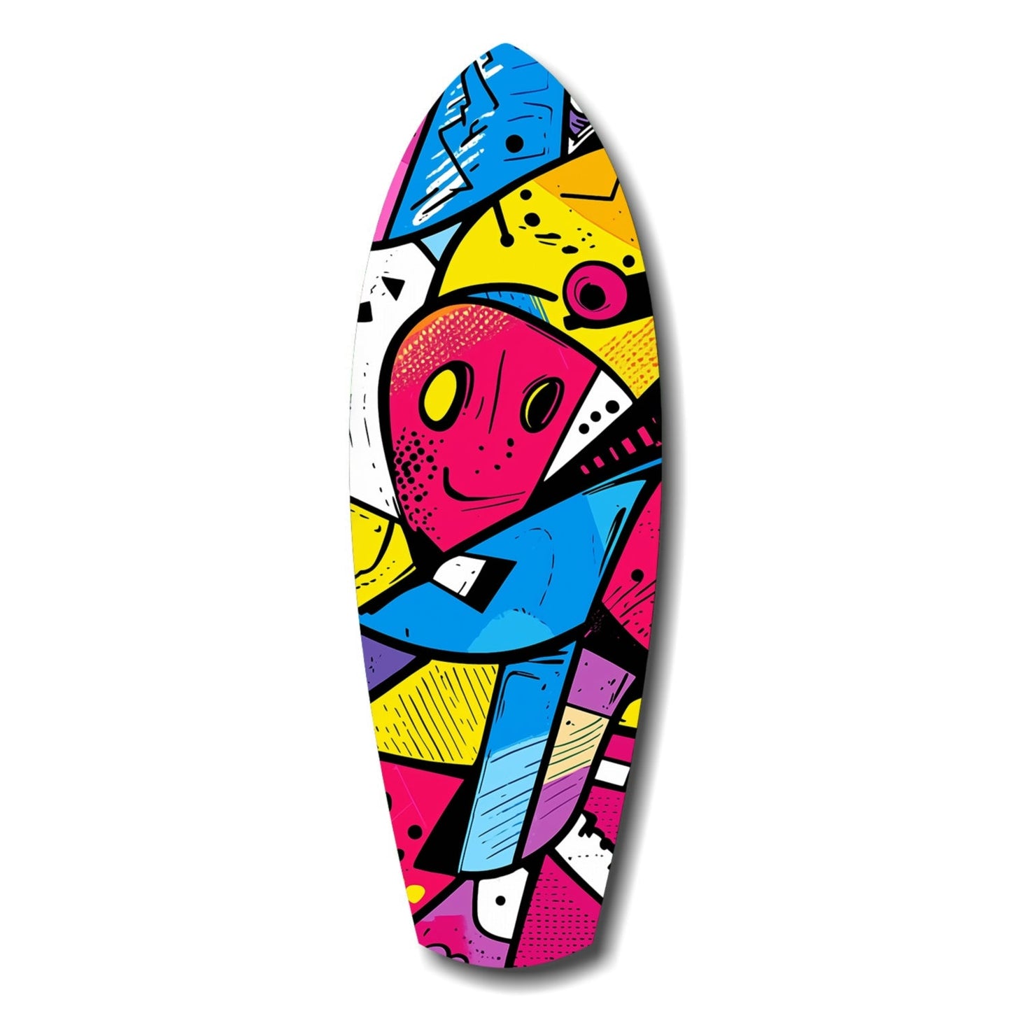 Colorful geometric surfboard with pink smiling face, blue, yellow, and magenta sections, black outlines, and abstract patterns throughout.