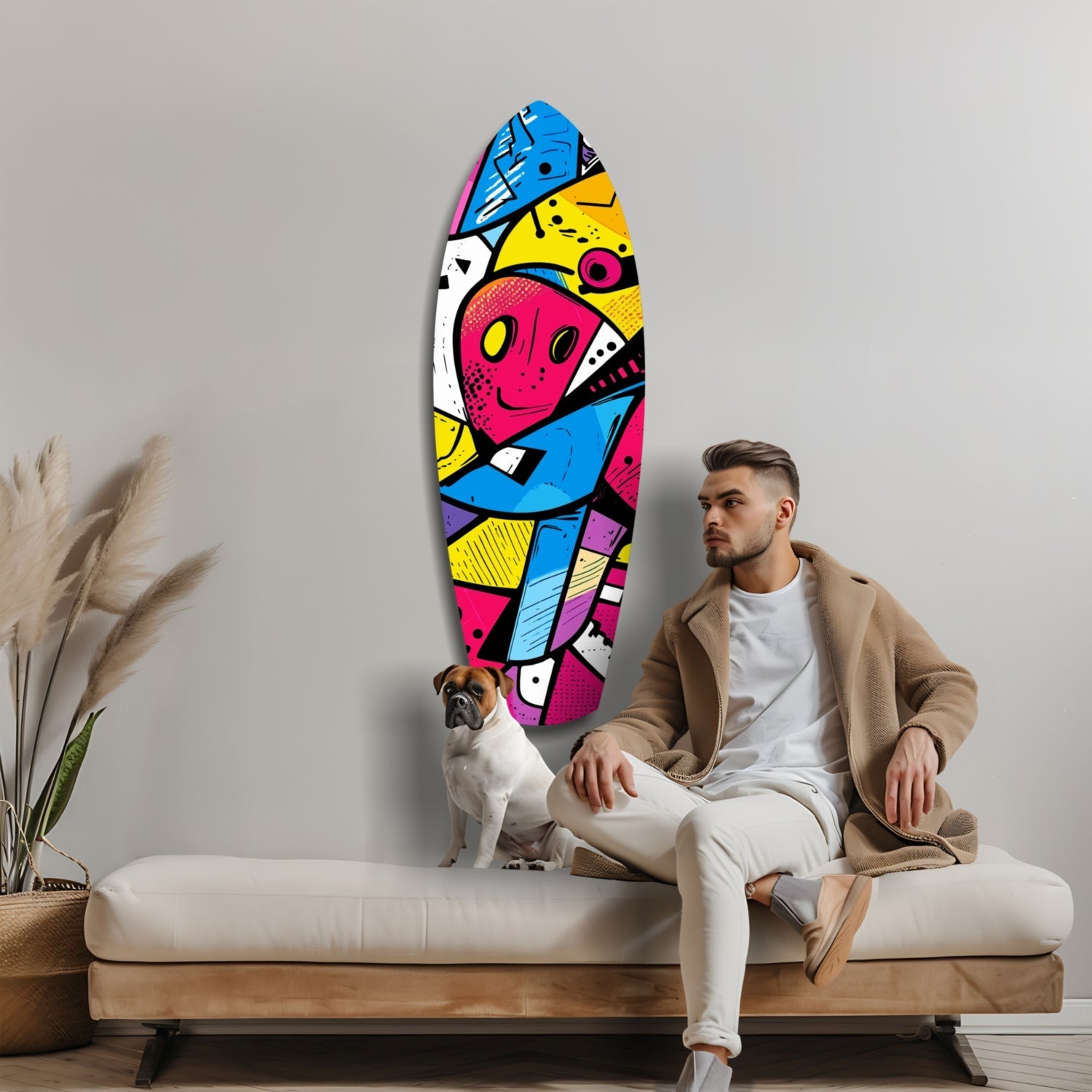 Man sitting on cream sofa with dog beside colorful geometric glass wall art featuring pink face, blue, yellow, and magenta sections above.