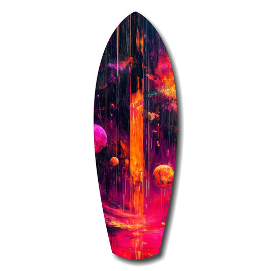 Surfboard-shaped glass wall art featuring neon pink, orange, and purple lava flows with glowing spheres against dark streaked background.