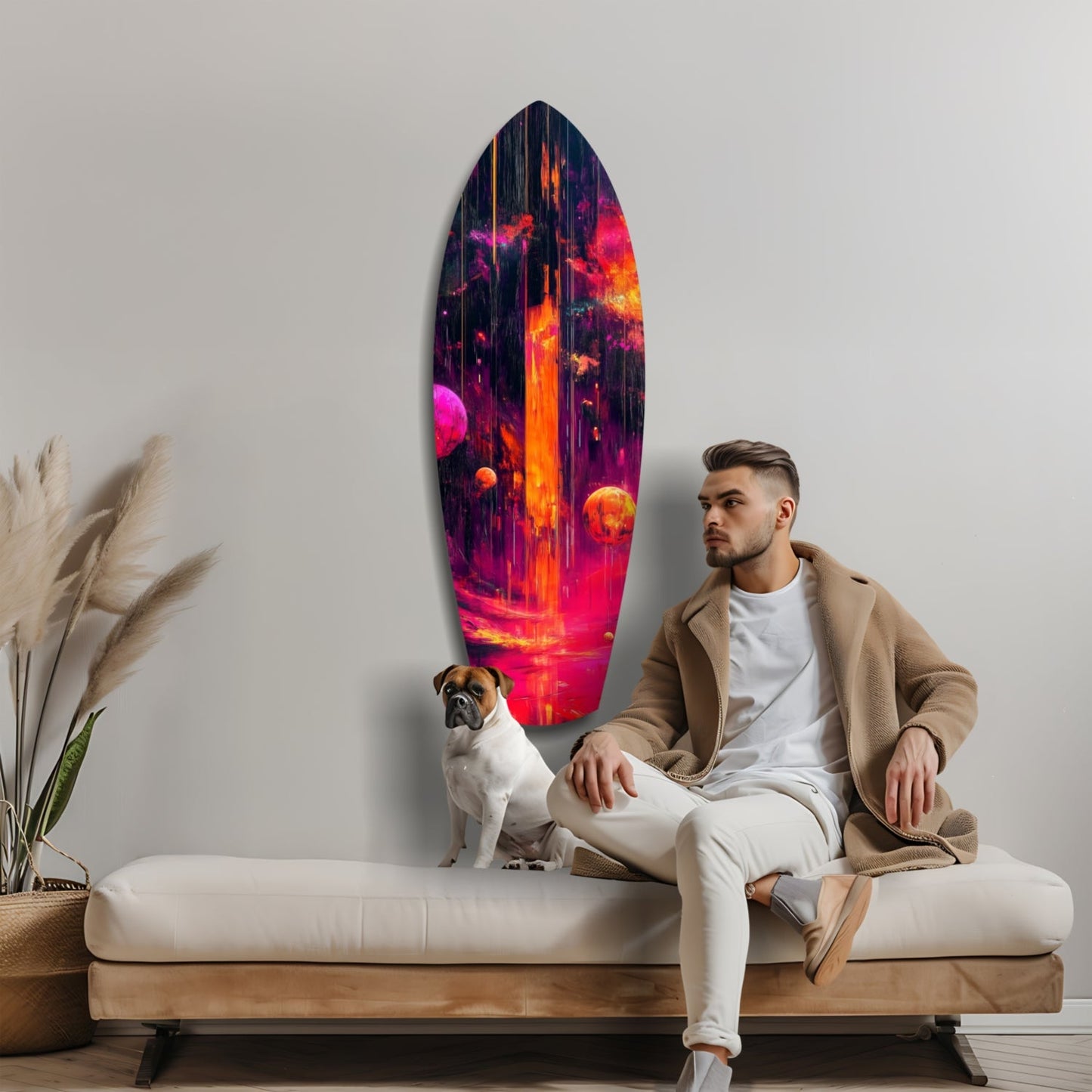 Neon Lava Falls And Planets Surfboard Glass Wall Art