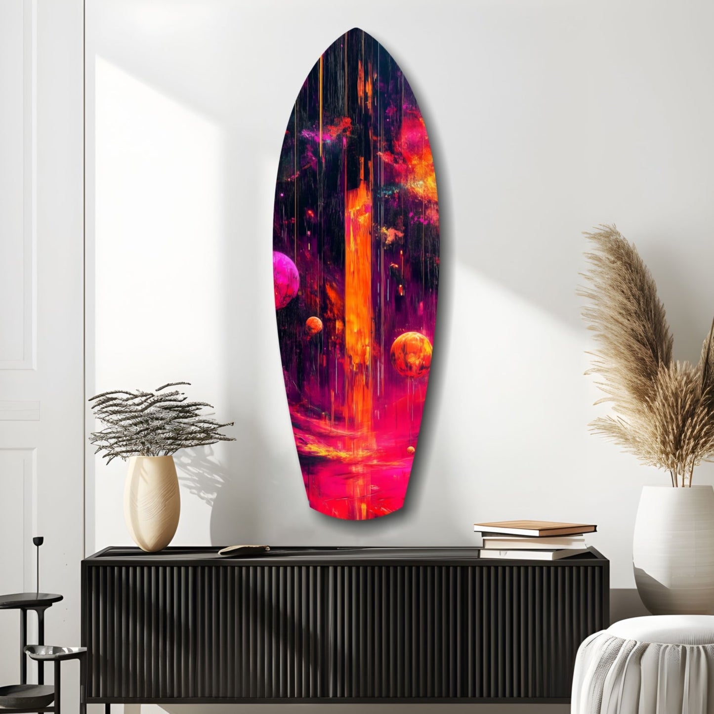 Neon Lava Falls And Planets Surfboard Glass Wall Art