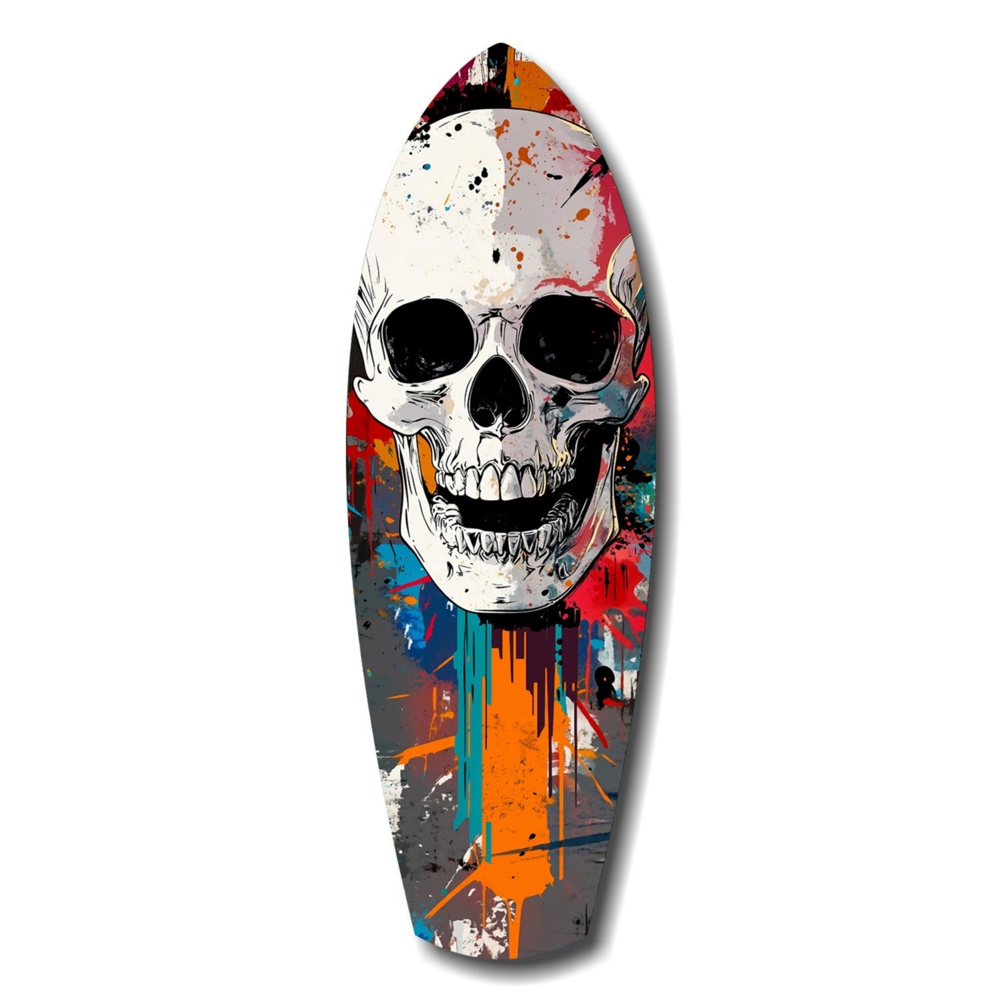 White skull with black eye sockets on colorful splattered background of red, orange, teal, and gray on elongated surfboard-shaped glass panel.