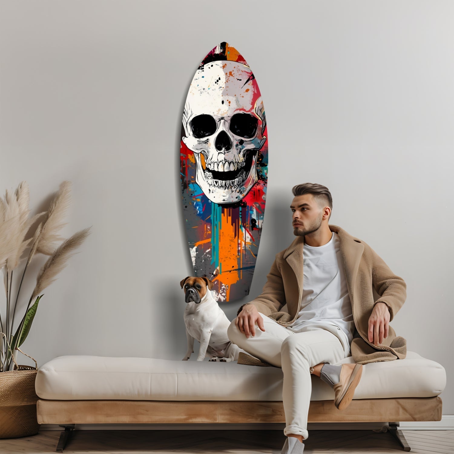 Man and dog sitting on cream sofa beneath colorful street art glass skull with orange, red, and blue splatter design.