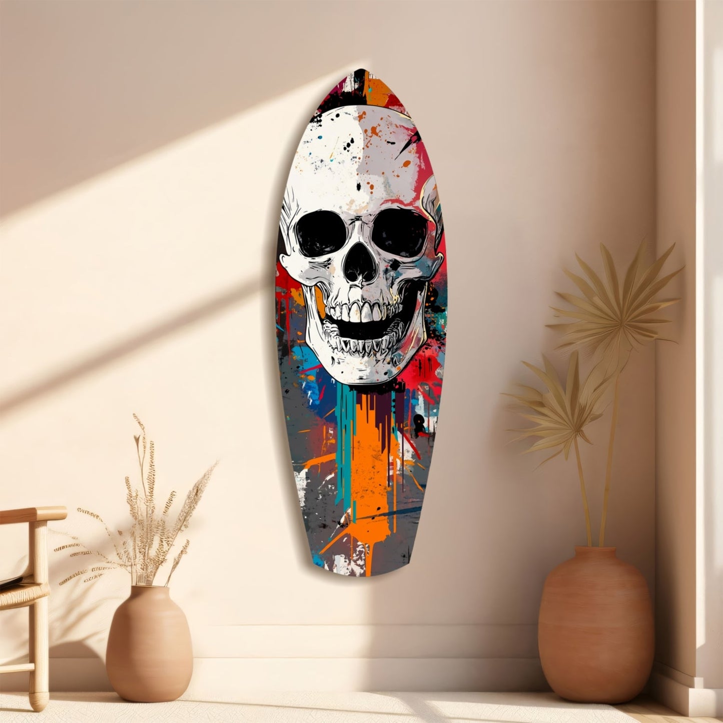 Street art style skull glass wall art mounted vertically between decorative ceramic vases with dried grasses.