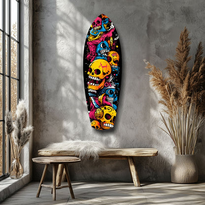 Stacked Yellow Cartoon Skulls Surfboard Glass Wall Art