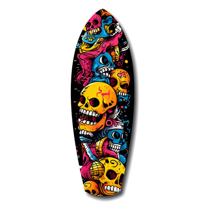 Stacked Yellow Cartoon Skulls Surfboard Glass Wall Art