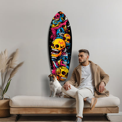 Stacked Yellow Cartoon Skulls Surfboard Glass Wall Art