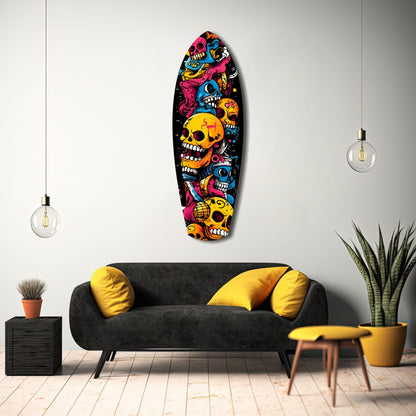 Stacked Yellow Cartoon Skulls Surfboard Glass Wall Art