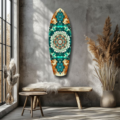 Oval emerald and teal mandala glass wall art hanging above wooden bench in minimalist room with pampas grass décor.