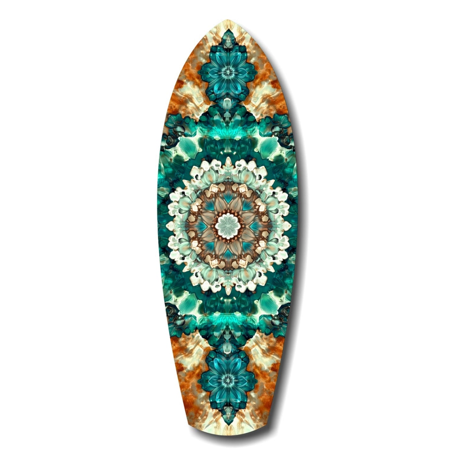 Surfboard-shaped glass art featuring symmetrical mandala design with teal flowers, white petals, brown center, and orange tie-dye borders on white background.