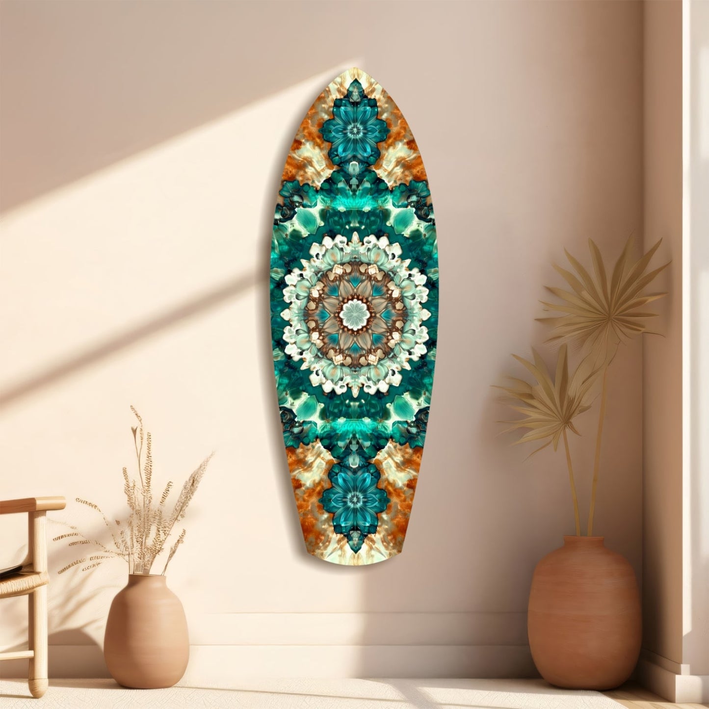Emerald Dreams Glass Wall Art displayed on a beige wall surrounded by terracotta vases and dried grasses in natural sunlight.