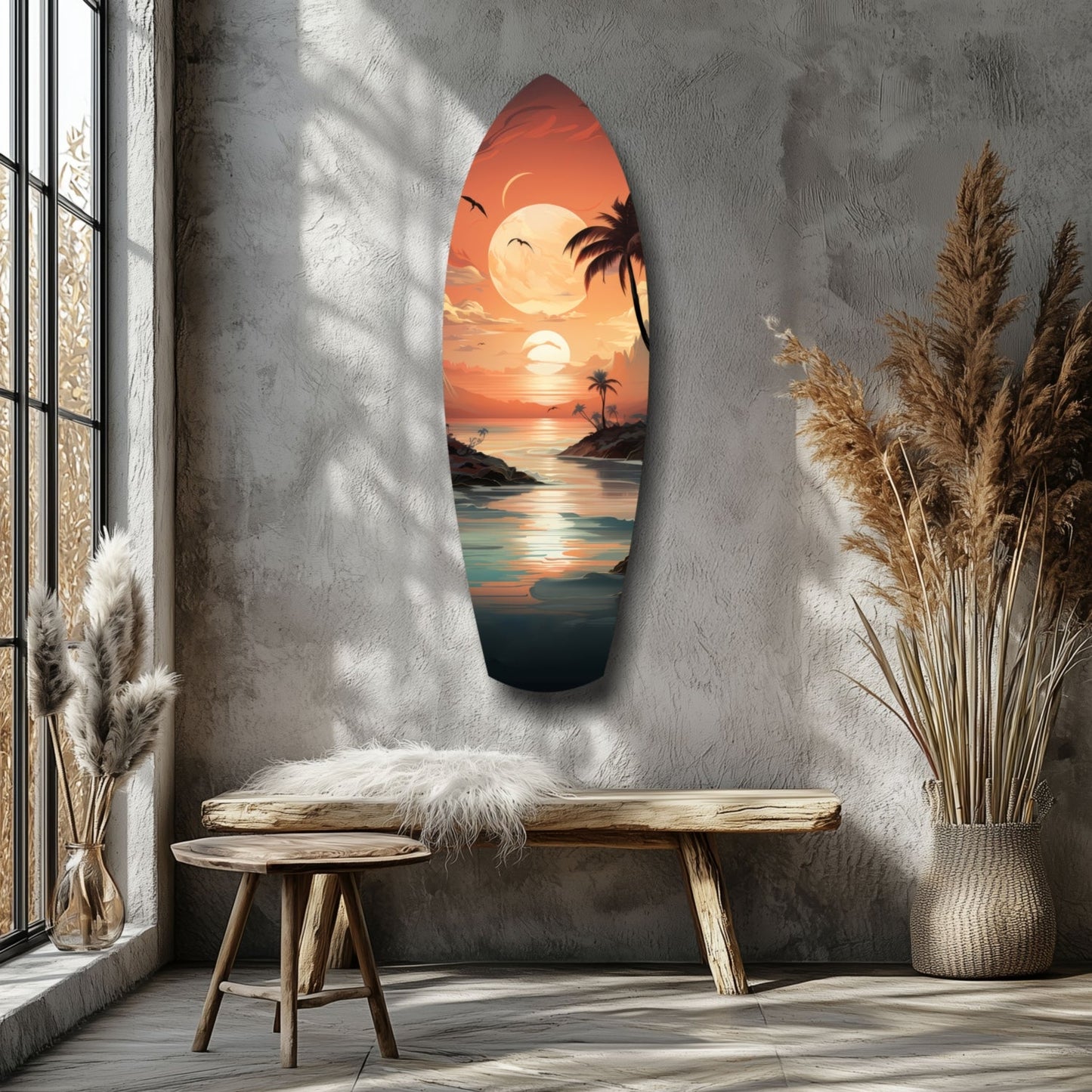 Surfboard-shaped glass wall art depicting a tropical sunset with palm trees and ocean, displayed on a gray wall above a wooden bench in a minimalist interior.