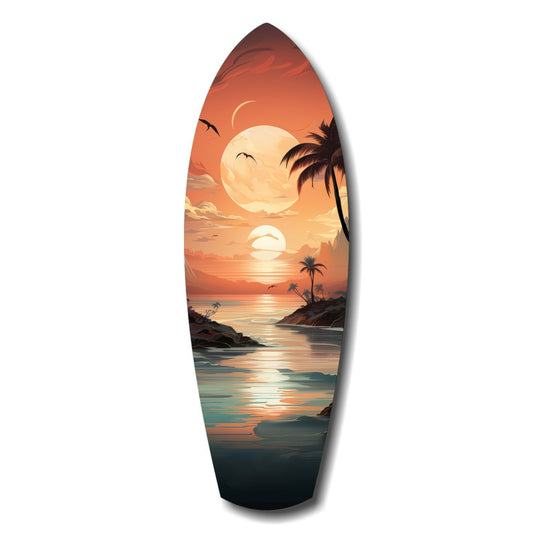 Surfboard-shaped glass wall art depicting a tropical sunset scene with palm trees, moon, and ocean reflections in warm orange and teal tones.