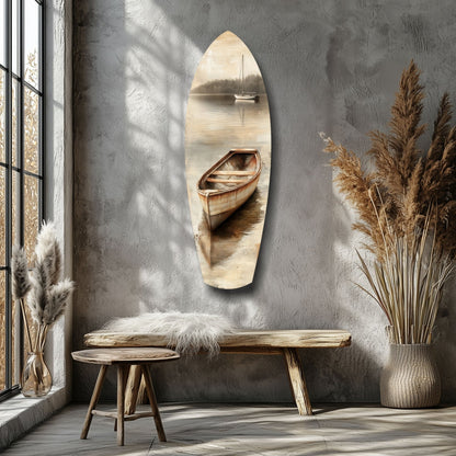 Beige Canoe and Distant Sailboat Glass Wall Art
