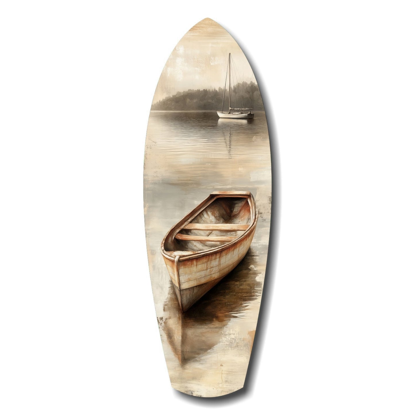Beige Canoe and Distant Sailboat Glass Wall Art