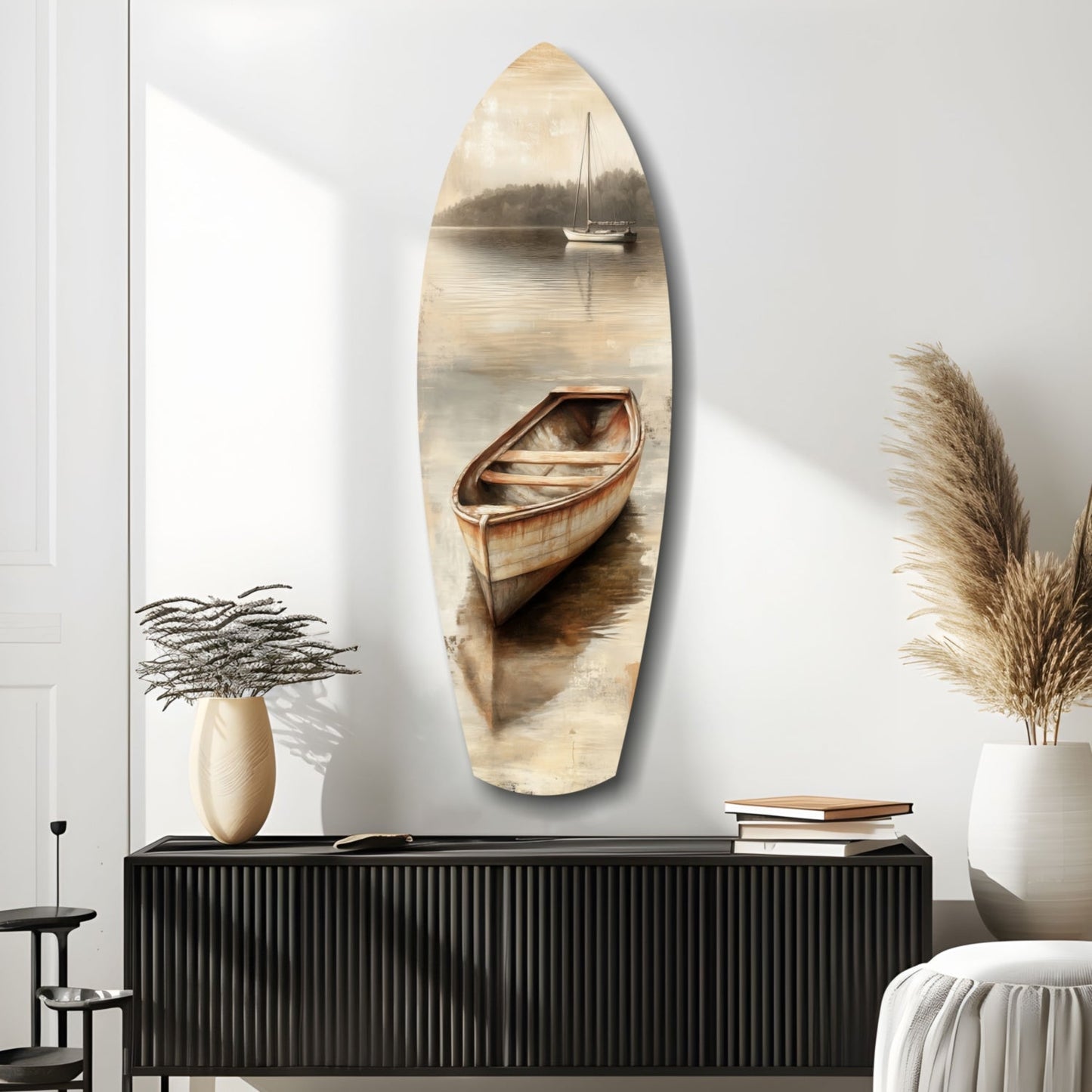Beige Canoe and Distant Sailboat Glass Wall Art