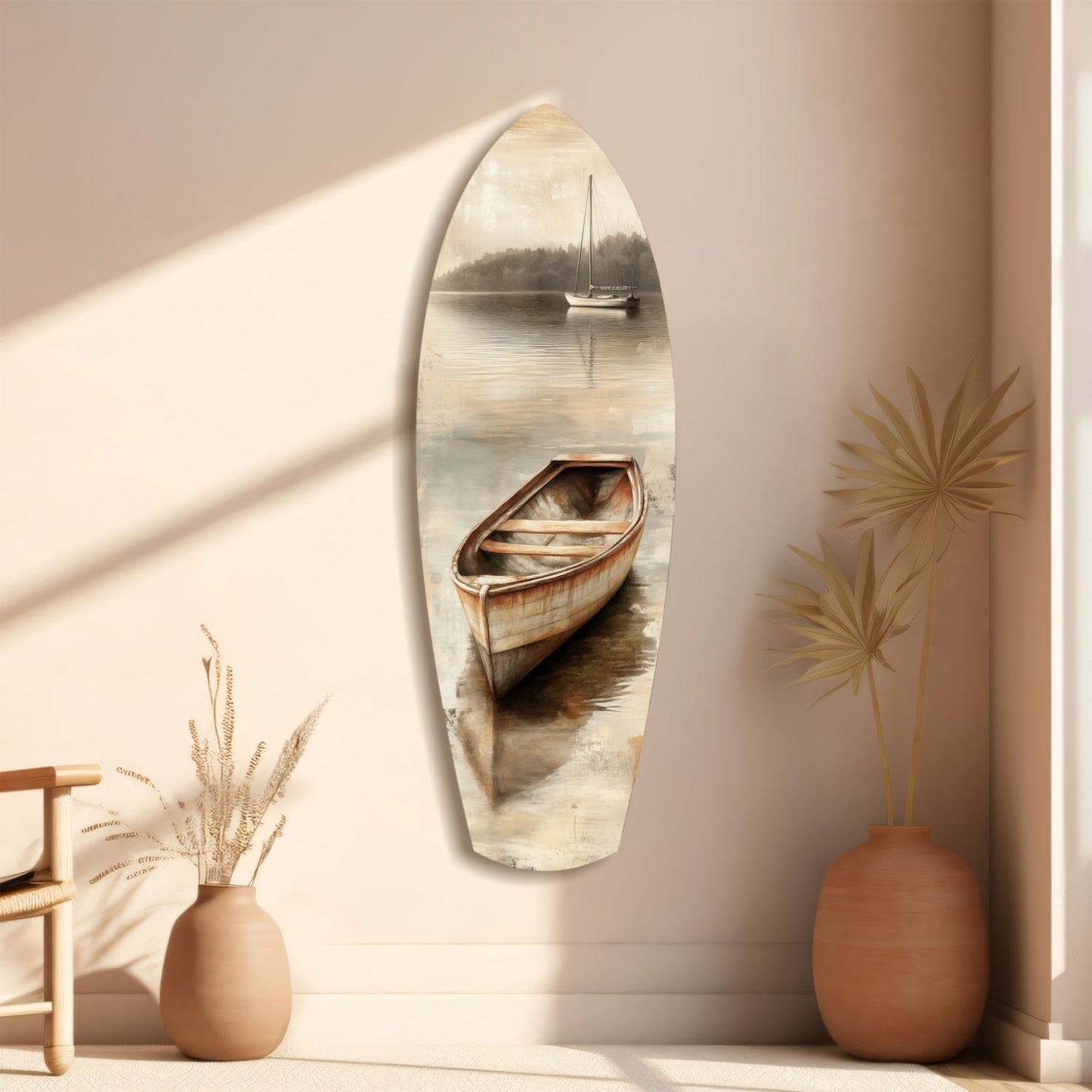 Beige Canoe and Distant Sailboat Glass Wall Art