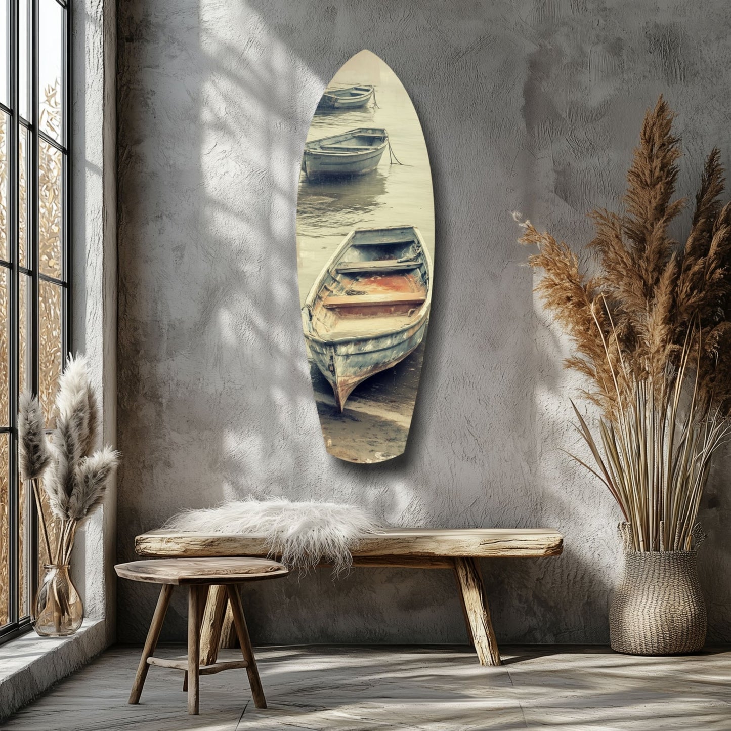 Moored Rowboats on Misty Shore Glass Wall Art
