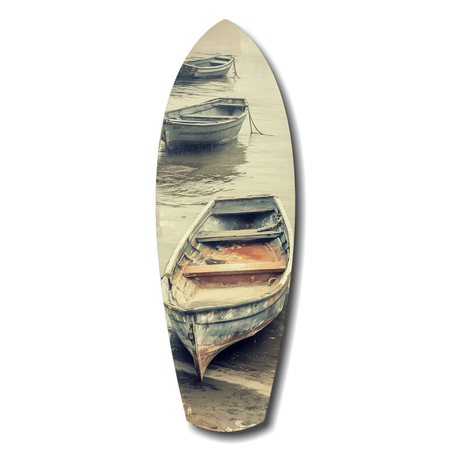 Moored Rowboats on Misty Shore Glass Wall Art
