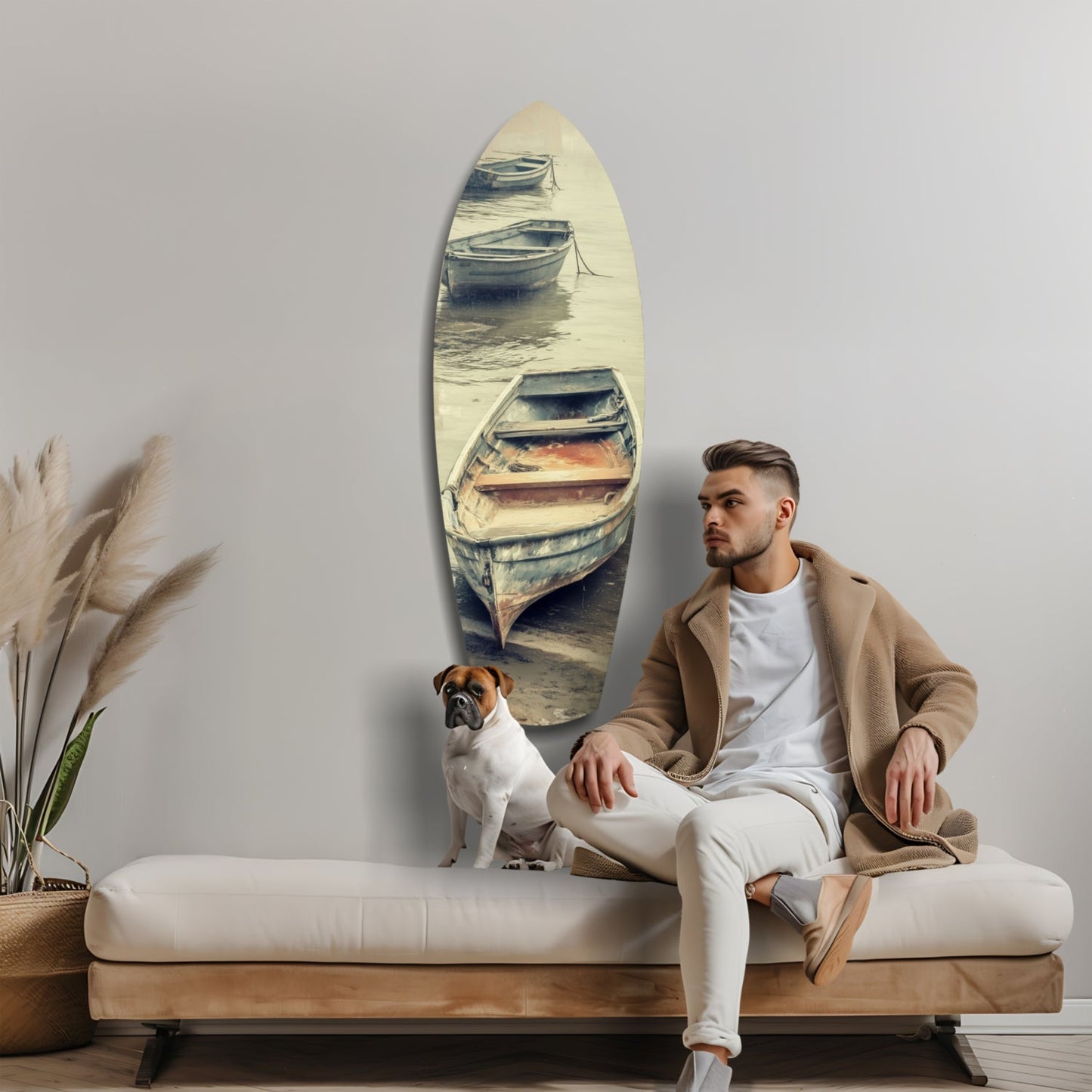 Moored Rowboats on Misty Shore Glass Wall Art