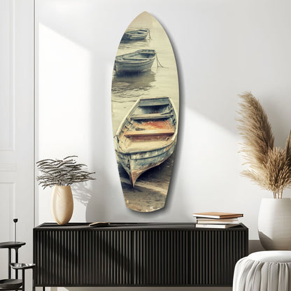 Moored Rowboats on Misty Shore Glass Wall Art