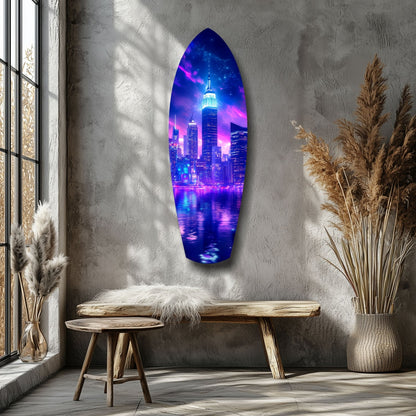 Neon Purple Skyline Night Reflection Glass Wall Art