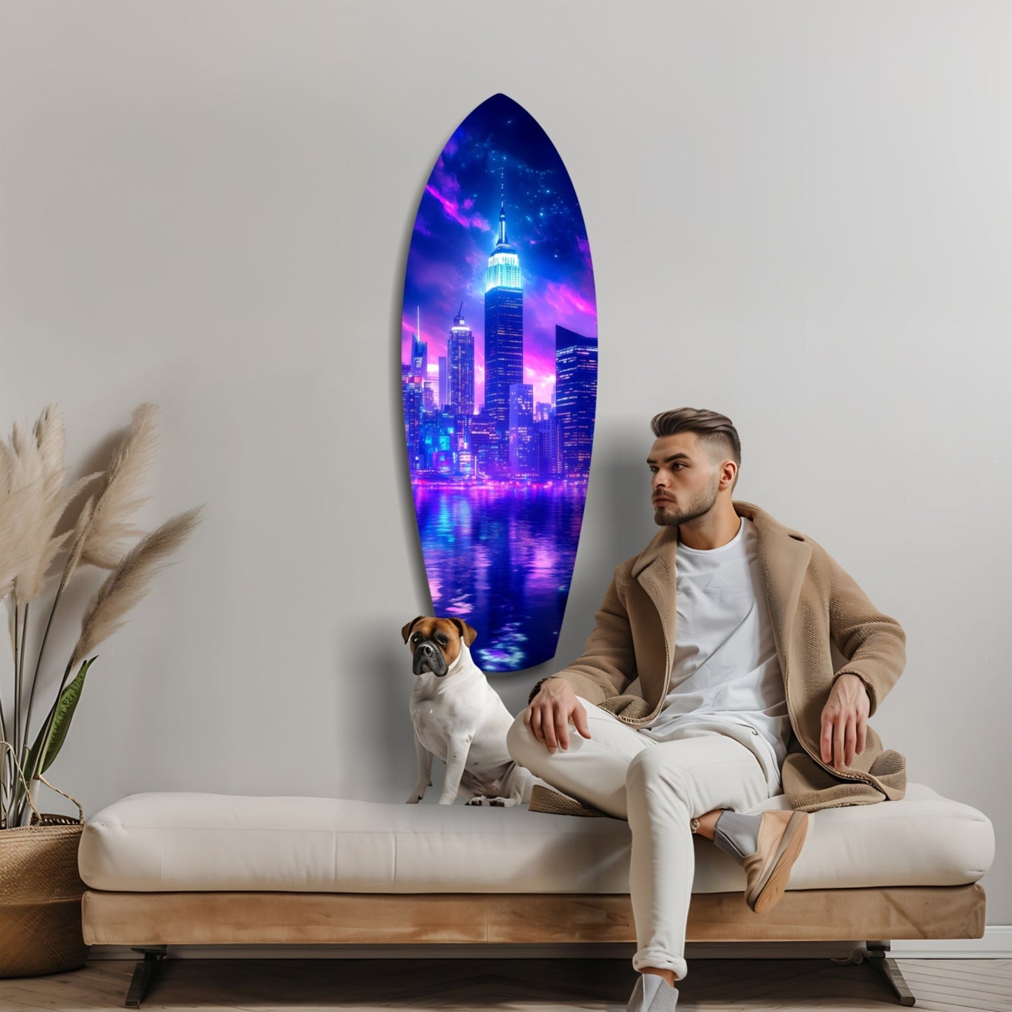 Neon Purple Skyline Night Reflection Glass Wall Art