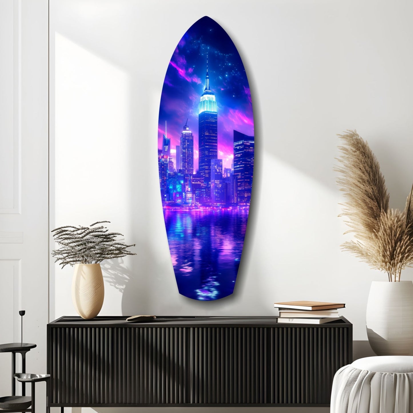 Neon Purple Skyline Night Reflection Glass Wall Art