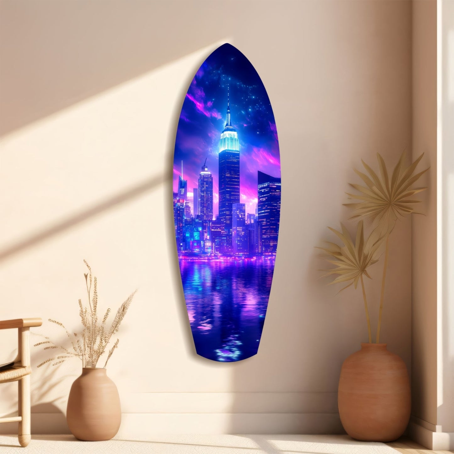 Neon Purple Skyline Night Reflection Glass Wall Art