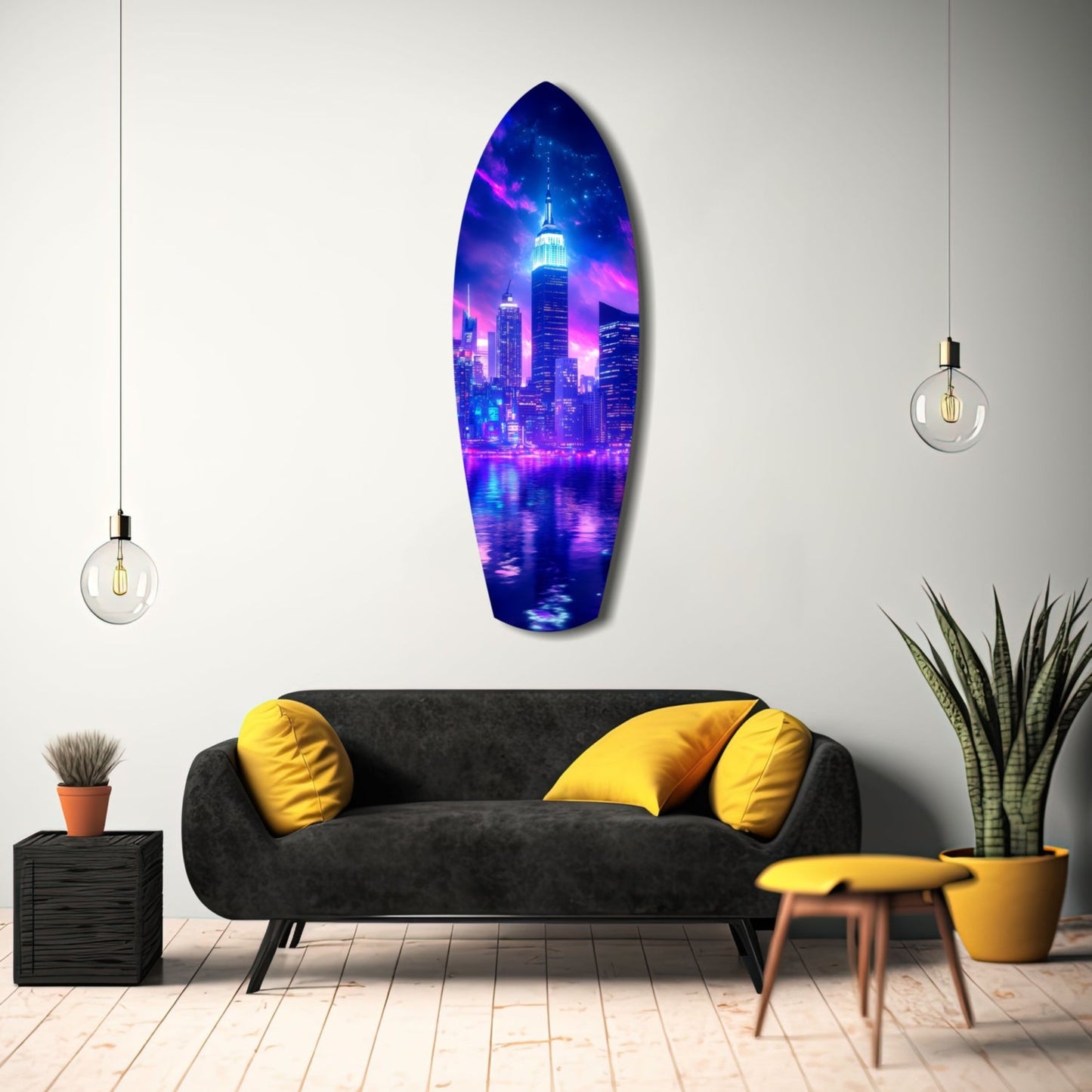 Neon Purple Skyline Night Reflection Glass Wall Art