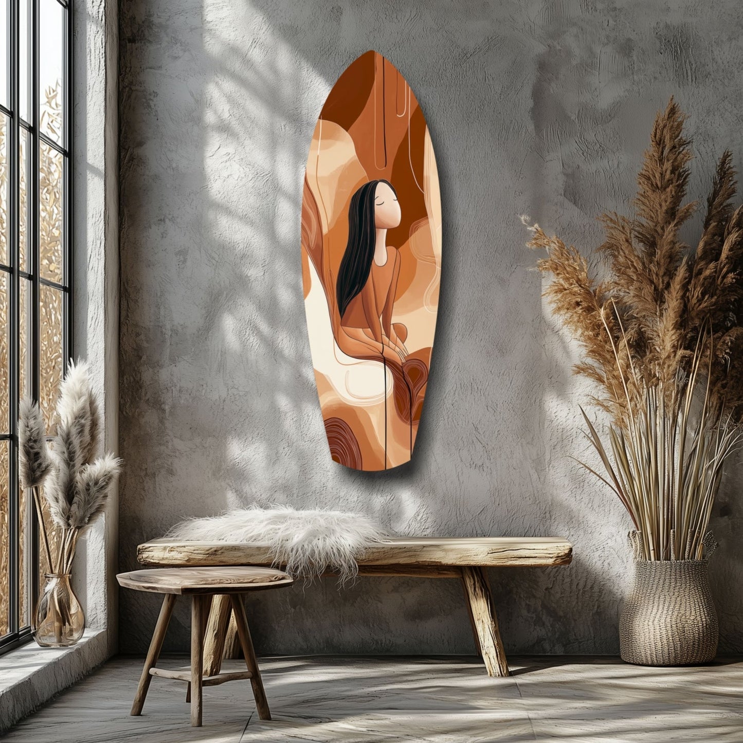 Orange and cream glass wall art depicting a woman with long black hair hung above a wooden bench in a minimalist room with dried plants.