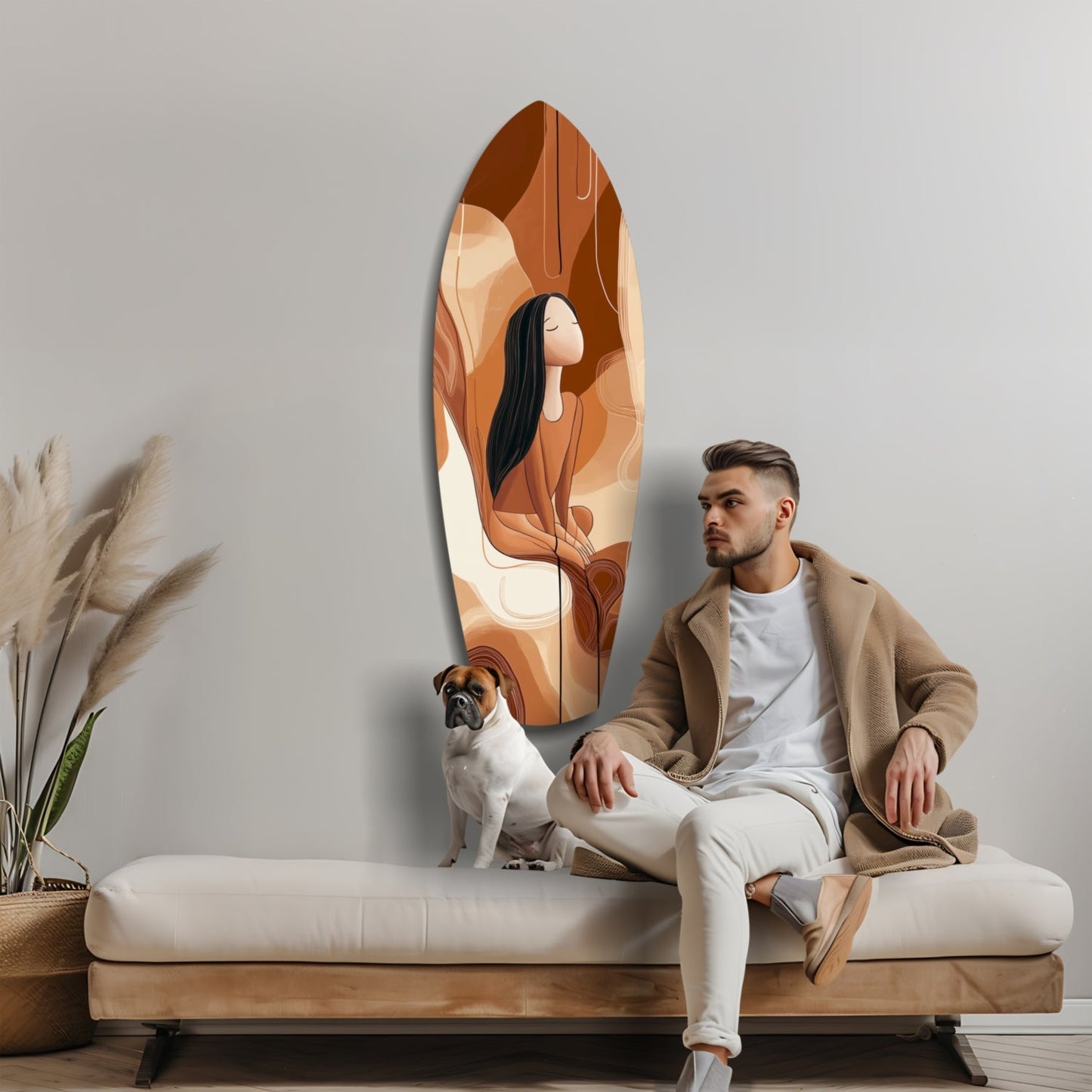 Man sitting on bench beside brown and cream glass wall art featuring woman with long black hair, with small dog and pampas grass visible.
